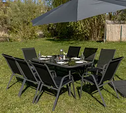 Комплект садових меблів 4Points Riviera-8 з прямокутним столом 150х90х70см з чорною скляною стільницею і сірим каркасом + 8 стільців з сірим каркасом - мініатюра 2