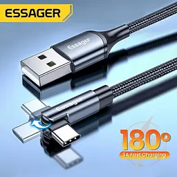 Кабель Essager Universal USB Type-A для USB Type-C 180 Rotate 3A 2 м Black (EXCT-WXA01) - мініатюра 2