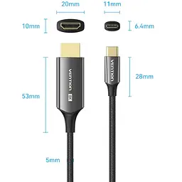 Кабель USB 3.1 Type-C M - HDMI M, 1.8m 8K 60 Гц Zinc Alloy TPE Black Vention - мініатюра 4