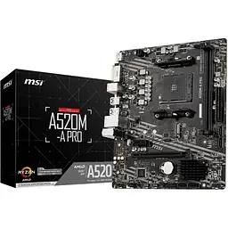Материнська плата AM4 (A520) MSI A520M-A PRO, A520, 2xDDR4, Int.Video(CPU), 4xSATA3, 1xM.2, 1xPCI-E 16x 3.0, 1xPCI-E 1x 3.0, ALC892, 6xUSB3.2/6xUSB2.0, DVI-D/HDMI, MicroATX
