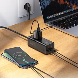 Мережевий подовжувач Hoco NS9 Wisdom 1-position(PD67W/3C1A) desktop socket(EU/GER) Чорний - мініатюра 4