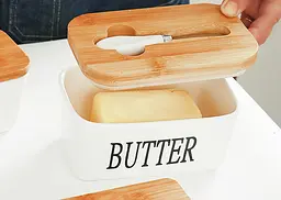 Маслянка керамічна біла з бамбуковою кришкою та ножем Butter 600 мл - мініатюра 2