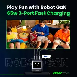 Зарядний пристрій 3xUSB 65W (2xUSB-C+USB-A) Gan Robot tech Fast Charger Сірий CD361 Ugreen (25685B) - мініатюра 2