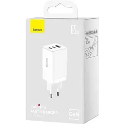 Зарядний пристрій Baseus 2xUSB-C 65W + 1xUSB GaN + cable USB-C to USB-C 100W 1.0m white (CCGP120202) - мініатюра 6