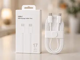 Кабель Type-C-Type-C 60W Білий / Тканинний кабель 1м для швидкого заряджання iPhone 17 Pro Max + ключ для SIM-карти 26X-196 - мініатюра 3