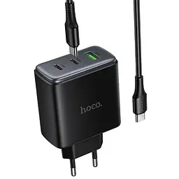 Мережевний зарядний пристрій Hoco C160A Upgrade PD65W+QC3.0 1USB-A/2C + кабель Type-C to Type-C Black - мініатюра 4