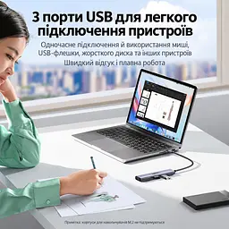 USB-C хаб UGREEN CM478 док-станція вихід HDMI до 4K 60 Гц 1 порт USB-A 3.0 та 2 порти USB-A 2.0 вхід живлення USB-C PD 3.0 до 100 Вт із наскрізним заряджанням для HDMI та заряджання потрібен порт комп’ютера USB-C з відеовиходом і прийманням живлення PD без встановлення драйверів для Windows/macOS/Linux для iPad з USB-C вбудований кабель в обплетенні довжина кабелю приблизно 20 см космічний сірий (35178) - мініатюра 7