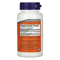 Жироспалювач NOW Acetyl-L-Carnitine 500 mg, 50 вегакапсул - мініатюра 2