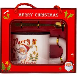 Чашка новорічна Elisey 9150-021 Funny Santa керамічна з ложкою 300 мл Біла