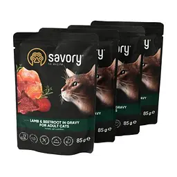 Набір вологих кормів Savory 3+1 для дорослих кішок, ягня з буряком у соусі, паучі, 4 шт. 85 г - мініатюра 4
