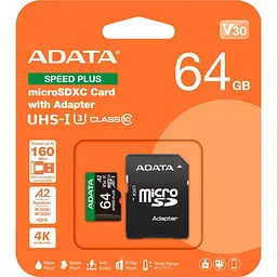Карта пам'яті ADATA microSDXC Speed Plus 64Gb Class 10 UHS-1 A2 V30 + SD адаптер (UD64GUI3V30A2SP-RA1) [162137] - мініатюра 3