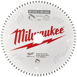 Диск пиляльний по алюмінію Alu PFTE MILWAUKEE, діаметр 216х30х2,4мм, 80 зуб.