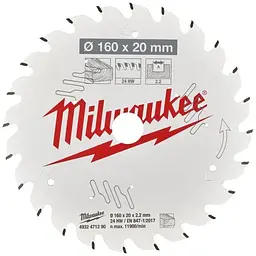 Диск пиляльний по дереву PFTE MILWAUKEE, діаметр 160х20х2,2мм, 24 зуб.