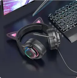 Ігрові дротові навушники Hoco W107 Cute Cat Ear, USB, 3.5mm, 2m, Black-Pink - мініатюра 7