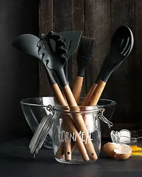 Кухонний набір Silikone Kitchen Set чорний з силікону з бамбуковою ручкою з 12 предметів - мініатюра 2