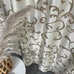 Жакардові штори "вензель" золотистого кольору 2шт. 150х270 з білим шифоновим тюлем 400х270, на тасьмі ALBO pbe0052765 - мініатюра 7