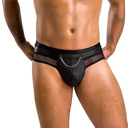 Чоловічі труси з ланцюжком Passion 030 SLIP TOM S/M Black, екошкіра, відкриті сідниці - мініатюра 1