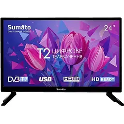 Телевізор 24" Sumato 24HT03, чорний, LED, 1366x768, 60 Гц, 178°/178°, DVB-T2/C, LAN, HDMI, USB, 2 х 5 Вт, VESA 100x100