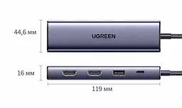 Док-станція UGREEN CM511 USB-хаб 5 в 1 підключення до комп’ютера через USB-C або USB-A 2 виходи HDMI до 1080p 60 Гц на кожному USB-A 3.0 до 5 Гбіт/с та USB-A 2.0 до 480 Мбіт/с зарядний вхід USB-C PD 3.0 до 100 Вт лише при підключенні комп’ютера через USB-C для Windows 10 або новішої та macOS Catalina 10.15 або новішої потрібне встановлення драйвера UDisplay розширення робочого столу на два монітори та дзеркальне відображення вбудований кабель 20 см космічний сірий (95945) - мініатюра 2
