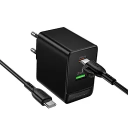 МЗП Borofone BAS17A Erudite PD65W+QC3.0 (1USB-A/1C) + кабель Type-C to Type-C Black - мініатюра 3