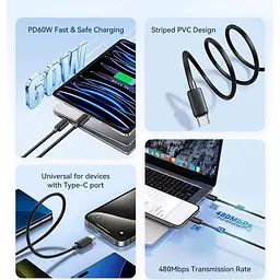 Кабель Usams US-SJ691 USB-C to USB-C 60W 1m Blue (SJ691USB03) [153574] - мініатюра 3