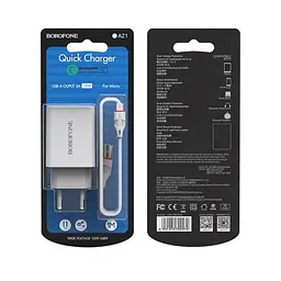 Сітчасте зарядне пристрій BOROFONE BA21A Long QC3.0 1USB/3A/18W + Cable Micro білий - мініатюра 3
