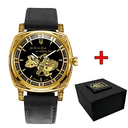 Жіночий наручний годинник 021-3D Де б не була Gold-Black-Black Leather Awarder acs0031878
