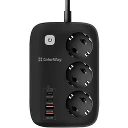 Фільтр мережевий ColorWay GaN3 Pro, 3 розетки, 2 м, Black, 2xUSB (60 Вт, QC3.0), 2xType-C (65 Вт, PD3.0), дріт з міді (до 3250 Вт), 16 A (CW-CHE34PDB)