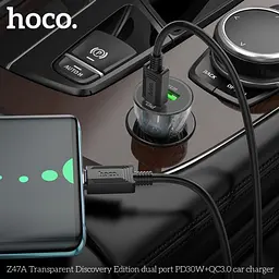 Автомобільний зарядний пристрій HOCO Z47A Transparent Discovery Edition 1PDout/1USB/QC/PD30W/3A чорний - мініатюра 2