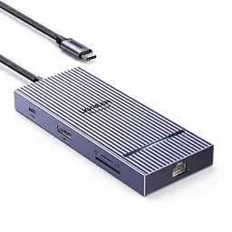 Док-станція USB-C UGREEN Revodok CM886 10 в 1 DisplayPort 1.4 4K 60 Гц у Windows також 2K 144 Гц та 1080p 240 Гц потрібен USB-C з DisplayPort Alt Mode RJ45 до 2,5 Гбіт/с для даних 1 USB-A та 1 USB-C 3.2 Gen2 до 10 Гбіт/с і 2 USB-A та 1 USB-C 3.0 до 5 Гбіт/с SD/microSD (TF) вхід USB-C PD 3.0 до 100 Вт без даних і відео одночасне читання двох карт дублювання/розширення Windows/macOS/Linux вбудований кабель в обплетенні приблизно 30 см космічний сірий (95614)