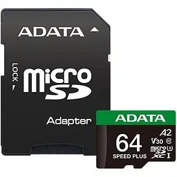 Карта пам'яті ADATA microSDXC Speed Plus 64Gb Class 10 UHS-1 A2 V30 + SD адаптер (UD64GUI3V30A2SP-RA1) [162137]
