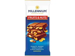 Шоколад молочний MILLENNIUM 90г Fruits&Nuts з арахісом, родз., злаками, пласт. та мигдалем 90г