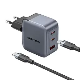 Зарядний пристрій Vention 2xUSB-C PD70W + 1xUSB QC3.0 22.5W GaN + cable USB-C to USB-C 1.0m black gray (TZ-FEXH0-EU) - мініатюра 2