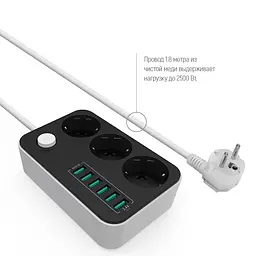 Мережевий фільтр-подовжувач ColorWay CW-CHЕ36B 3 розетки / 6USB 1.8 м Black - мініатюра 2