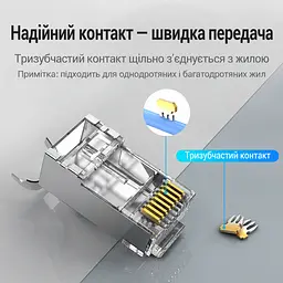 Екрановані мережеві штекери Vention 10 шт. RJ45 Cat.7 FTP 10 Гбіт/с для провідників 23–26 AWG отвори для окремих жил 1,5 мм для одножильних і багатожильних проводів з окремим тримачем жил з позолоченими контактами із затискачем кабелю «ластівчин хвіст» тризубчасті контакти для монтажу потрібен обтискний інструмент для екранованих штекерів із хвостовим затискачем прозорі (IDER0-10) - мініатюра 5