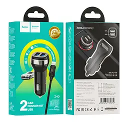 Адаптер автомобільний HOCO Lightning Cable Superior dual port car charger set Z40 чорний - мініатюра 4