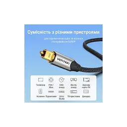 Кабель мультимедійний Optical Toslink 1.5m 5.1ch gray Vention (BAVHG) - мініатюра 3
