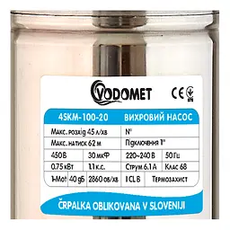 Насос свердловинний вихровий Vodomet 4SKM-100-20 Н=62М, Q=2,7кбМ, P=0,75кВт, вбудований конденсатор, кабель 20м VO4301 - мініатюра 2