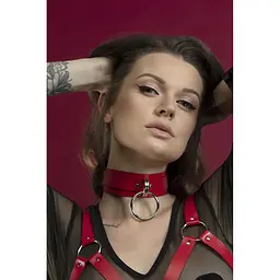 Чокер широкий з кільцем для повідця Feral Feelings - Collar, натуральна шкіра, Червоний