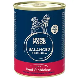 Повнораціонний консервований корм Home Food для дорослих собак Паштет з яловичиною та куркою 360 г