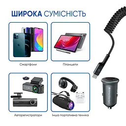Автомобільний зарядний пристрій у прикурювач 20W з функцією швидкої зарядки QC3.0 та Power Delivery, виходи USB + Type-C, в комплекті кабель Type-C, підходить для телефону та планшета, ArmorStandart (ARS82792) - мініатюра 4