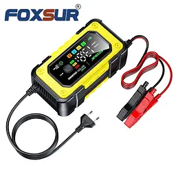 Автомобільний зарядний пристрій Foxsur FBC1207E 12V/7А Автоматичний імпульсний з функцією відновлення Yellow Red (19428)