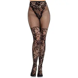 Колготки Leg Avenue Dahlia Lace Tights With Net Thigh Detail One Size - мініатюра 4
