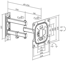 Кронштейн для ТВ AGN AGN43-222P з поворотом/два коліна/23"-43"/30 кг/max.VESA 200x200/Чорний - мініатюра 10