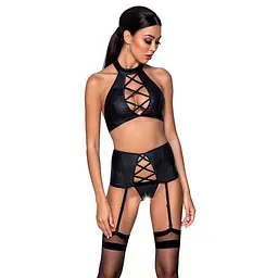 Комплект з еко-шкіри імітація шнурівки Passion NANCY SET XXL/XXXL black топ трусики пояс для панчіх - мініатюра 1