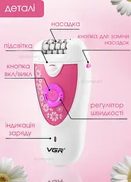 Епілятор жіночий з 2 насадками VGR, Бритва, депілятор бездротовий, волога епіляція з підсвічуванням, Рожевий
 - мініатюра 6