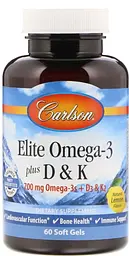 Омега 3 + вітамін Д3 і вітамін К Carlson Omega-3 Plus D & K 60 гел капс лимон