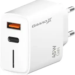 Зарядний пристрій Grand-X GaN 1xUSB-C + 1xUSB QC3.0 45W white (CH-460W)