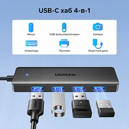 USB-хаб UGREEN CM219 USB-концентратор вхід USB-C та 4 виходи USB-A USB 3.2 Gen 1 теоретично до 5 Гбіт/с без драйверів у Windows macOS Linux з вбудованим кабелем 1 м чорний (75582) - мініатюра 3