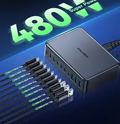 Зарядний пристрій Rocoren 480W GaN 0262 3U+7C (кабель EU) 10 портів чорний - мініатюра 3